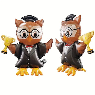 Owl in Cap and Gown Holding Trophy Balloon