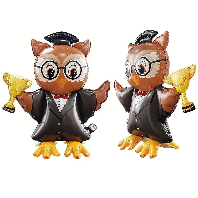 Owl in Cap and Gown Holding Trophy Balloon