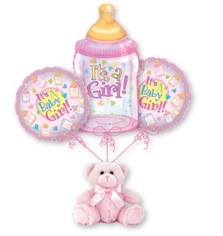 Baby Girl Balloon Bouquet with Pink Bear Balloon Weight