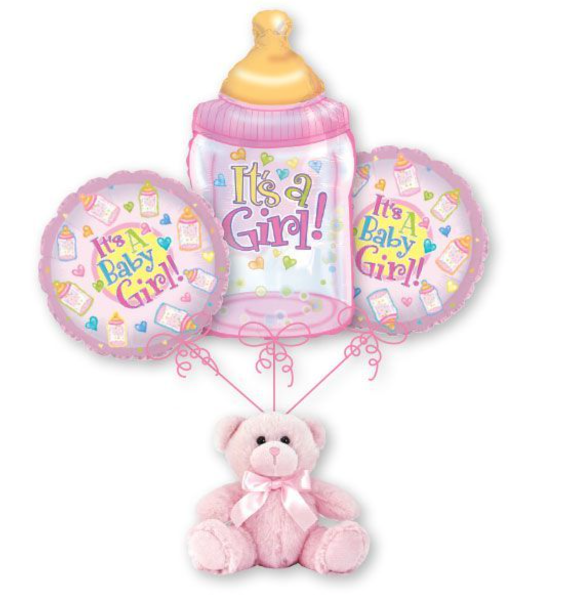 Baby Girl Balloon Bouquet with Pink Bear Balloon Weight