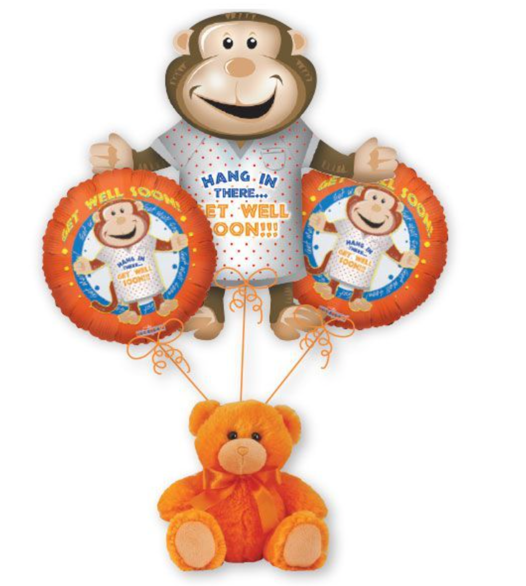 Get Well Soon Monkey Balloon Bouquet with Bear Balloon Weight