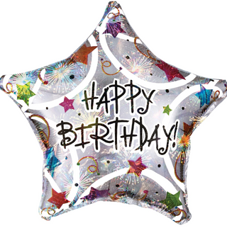 Silver Star Happy Birthday Balloon with Colorful Stars