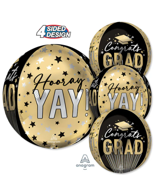 Gold and Black Hooray Yay Orbz Graduation Balloon