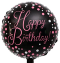 Black Happy Birthday  Balloon with White and Pink Polka Dots