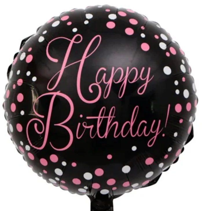 Black Happy Birthday  Balloon with White and Pink Polka Dots